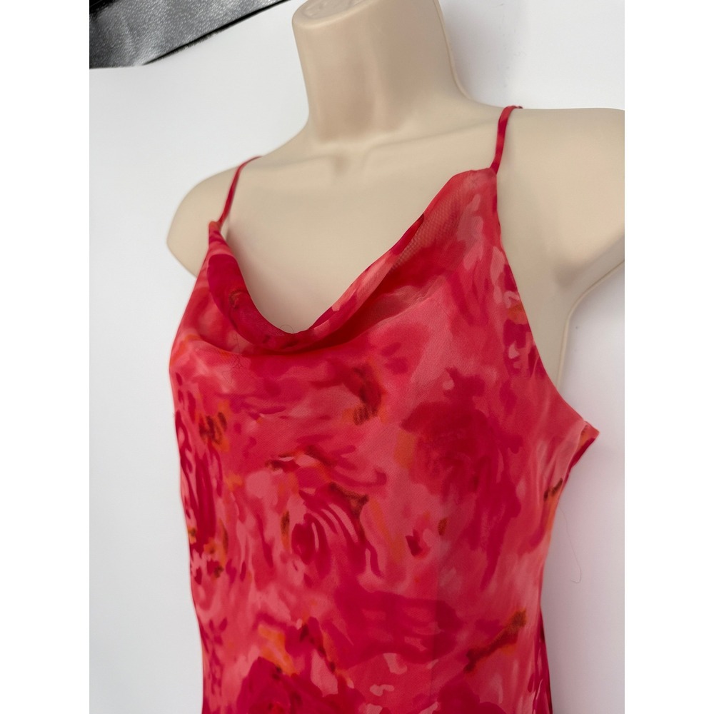 Vintage Y2K Red Floral Sheer Slip Dress Cowl Neck Spaghetti Straps Midi Fairy - Picture 2 of 9